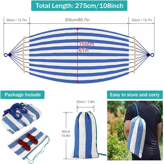 MOSFiATA Hammocks Portable Camping Hammock Upgraded 550lb Comfortable Fabric Hammock with Two Anti Roll Balance Beam and Sturdy Metal Knot Tree Straps for Camping, Patio, Backyard, Outdoor(Blue White) - Image 3