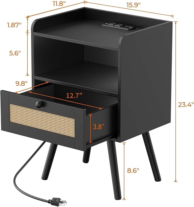 SUPERJARE Nightstand with Charging Station & Rattan-Like Decor Drawer, Rattan End Table with Solid Wood Feet, Bed Side Table with Open Storage, for Bedroom, Living Room, Dormitory - Black - Image 3