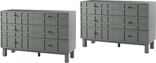Aoikax Modern 6 Drawer Double Dresser X 2P with Grid Carved Pine Front, Minimalist Chest of Drawers with Large Storage Space Metal Base for Bedroom, Ash Veneered Top, Metal Legs, Light Green by Aoikax