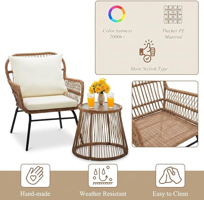 Bezseller 3-Piece Outdoor Patio Set - 20" Wide Seating w/ 2" Thick Cushions, 14.2" Seat Height - Modern Boho Furniture for Gardens, Balcony & Apartments