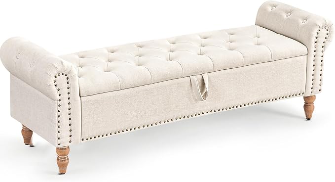 Furniliving 63” End of Bed Bench, Bedroom Bench with Button-Tufted, Large Upholstered Storage Ottoman Benches Entryway Bench with Storage Shoe Cabinet Bench, for Bedroom, Living Room, Linen, Beige by FurnilivingFurnitureforHome