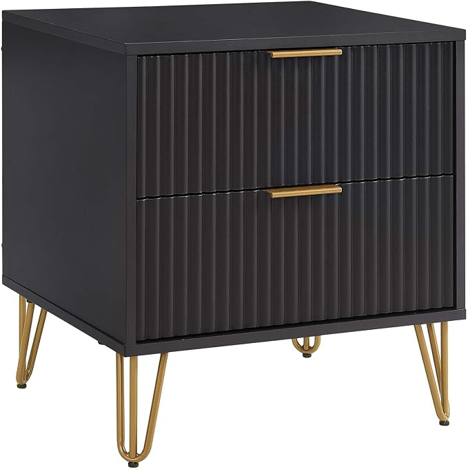 Manhattan Comfort Dumbo Modern Nightstand 2.0 with 2 Metal Feet | Splayed Gold Legs | Vertical Ribbed Design | No Tool Assembly Storage for Bedroom, Set of 2, Black - Image 8