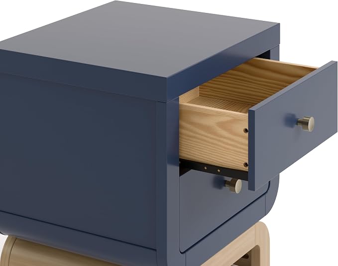 Storkcraft Santorini 2 Drawer Nightstand (Midnight Blue & Driftwood) - GREENGUARD Gold Certified Nightstand for Kids Bedroom, Premium Wood with Curved Base, “Champagne” Metal Knobs - Image 10