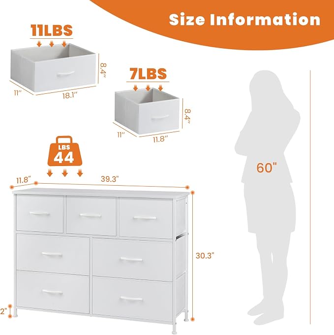 Sweetcrispy 7 Drawer Dresser Storage Organizer with Fabric Bins, Sturdy Steel Frame and Wood Top, Easy Pull Handles, for Bedroom Closet Hallway Entryway,White - Image 3