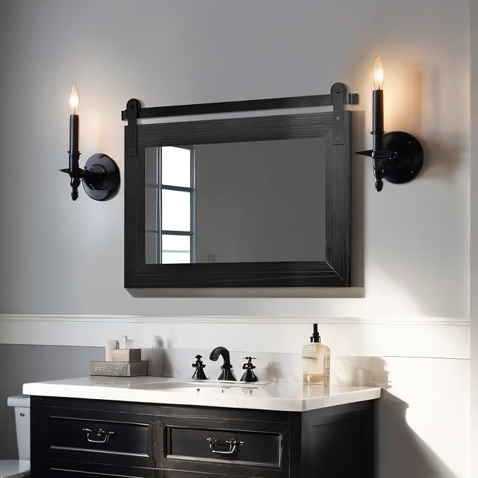 COGOOD Bathroom Mirrors for Over Sink - 29 x 22 Farmhouse Barn Door Wall Mirror for Bathroom, Living Room, Entryway Wall Decor Black by COGOOD