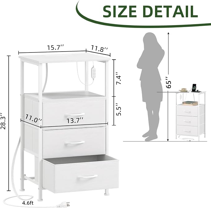 Somdot Nightstands Set of 2,Bedside Tables with Charging Station and LED Lights,Night Stand with 3 Fabric Drawers, End Tables with Open Shelf for Small Spaces Bedroom Entryway Hallway, White Leather - Image 3