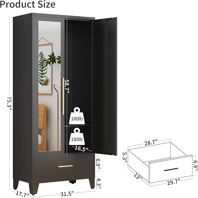 75.3" Tall Metal Armoire Wardrobe Closet with Mirror Doors and Drawer, Adjustable Hanging Rod and Adjustable Shelf, Freestanding Storage Cabinet Organizer for Bedroom, Office, Laundry Room, Black