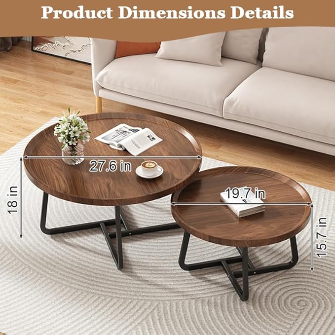 Round Nesting Coffee Table Set of 2, 28" Round Walnut with Fluted,Mid Century Modern,Center for Living Room Bedroom Office Balcony Yard