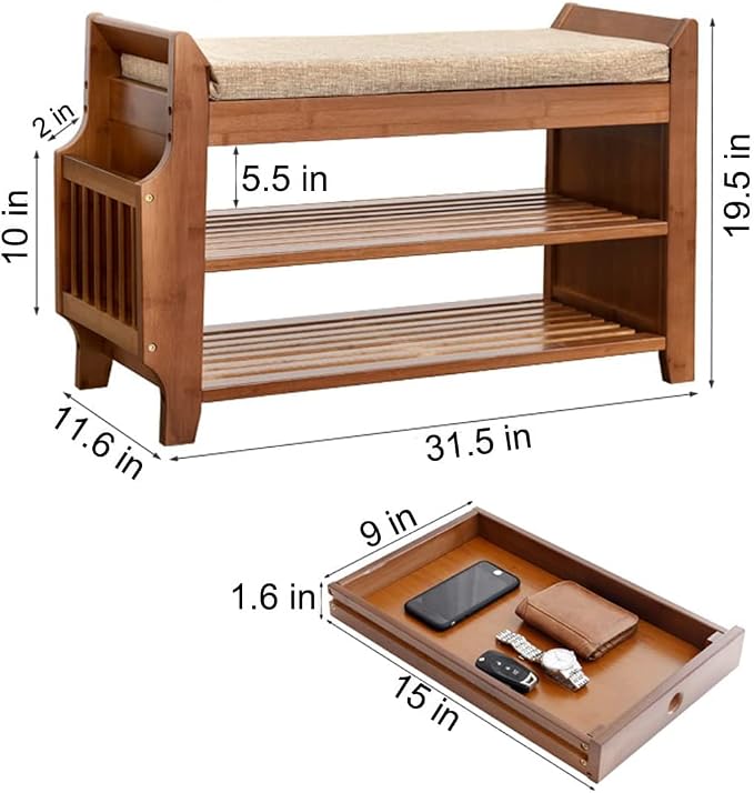 PETKABOO 2 Tier Shoe Bench, Bamboo Shoe Rack Bench, Shoe Storage Bench Organizer for Entryway Hallway Living Room - Image 3