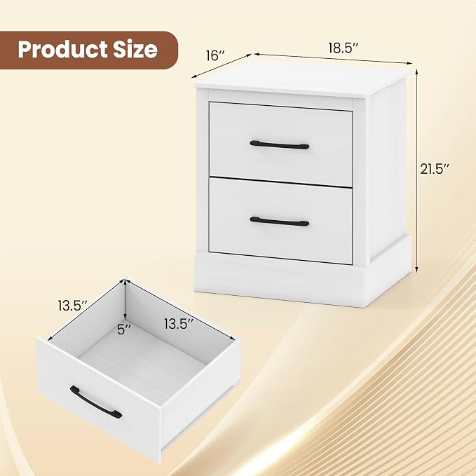 Giantex Modern Nightstand Set of 2, Wood Bedside Table with 2 Storage Drawers, Compact Floor Night Stand End Table, White Accent Sofa Side Table for Bedroom - Image 3