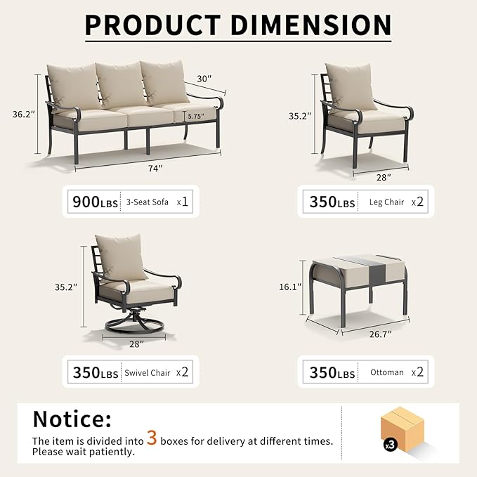 7 Piece Patio Furniture Set, Metal Patio Conversation Set with 1x3 Seater Sofa & 2xFixed Chairs & 2xSwivel Chairs & 2xOttomans, 5.75'' Extra Thick Cushion for Lawn Garden Backyard, Beige