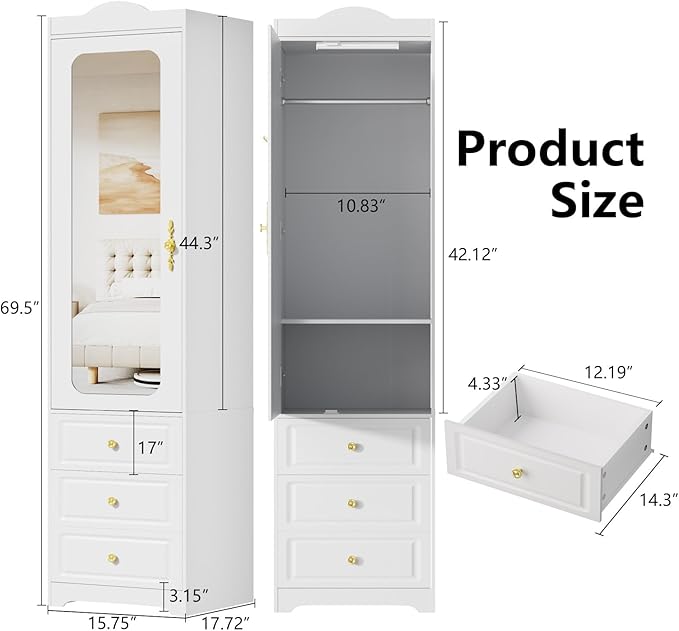 Armoire Wardrobe Closet, White Bedroom Armoires Cabinet with Mirror Door and 6 Drawers, 15.7" W/69.5" H Clothing Storage Cabinet with Hanging Rod & Sensor Light for Bedroom-Left+Right