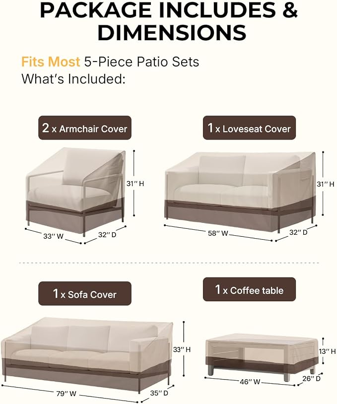 Loriano Patio Furniture Cover Set, 5 Piece Outdoor Furniture Cover Waterproof, 600D Heavy Duty Lawn Patio Set Covers - Image 2