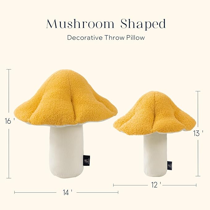 Phantoscope Mushroom Shaped Throw Pillow, Teddy Fleece Soft Mushroom Decorative Pillows Cute 3D Shaped Cushion for Couch Sofa Bed Chair, Yellow,16 x 14 inches