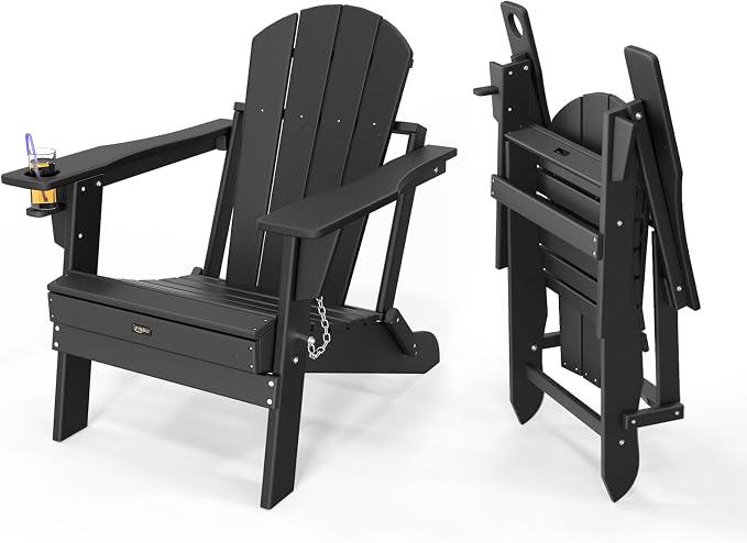VINGLI Plastic Adirondack Chairs, Folding with Cup Holder, Waterproof HDPE Material, Comfortable 380lb Weight Capacity for Outdoor Pool Patio Lounge Chair Lawn Furniture Firepit (Black) by VINGLI