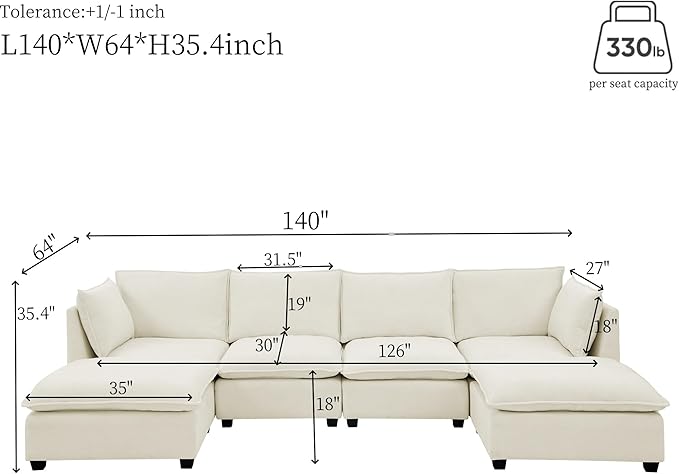 Flexible Combination Convertible Modular Sectional Sofa,140" Oversized U Shaped Cloud Couches with 2 Movable Ottomans,6-Seat Chenille Combination Sofa Set for Living Room | Layer Cushions