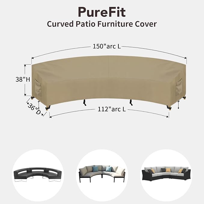 PureFit Outdoor Sectional Sofa Cover Waterproof Curved Patio Furniture Covers for Deck, Lawn and Backyard, 150Lx36Dx38Hx112FL, Camel - Image 2