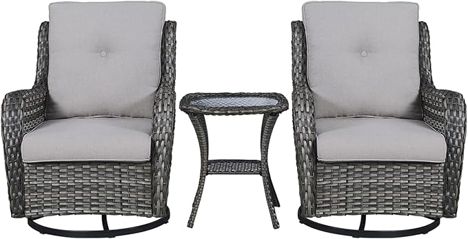 Rilyson Wicker Rocking Chair Swivel Chairs - 3 Piece Rocker Patio Furniture Set Rattan Rocking Bistro Sets with Glass Top Side Table for Outdoor Porch Deck Garden Backyard (Mixed Grey/Grey)
