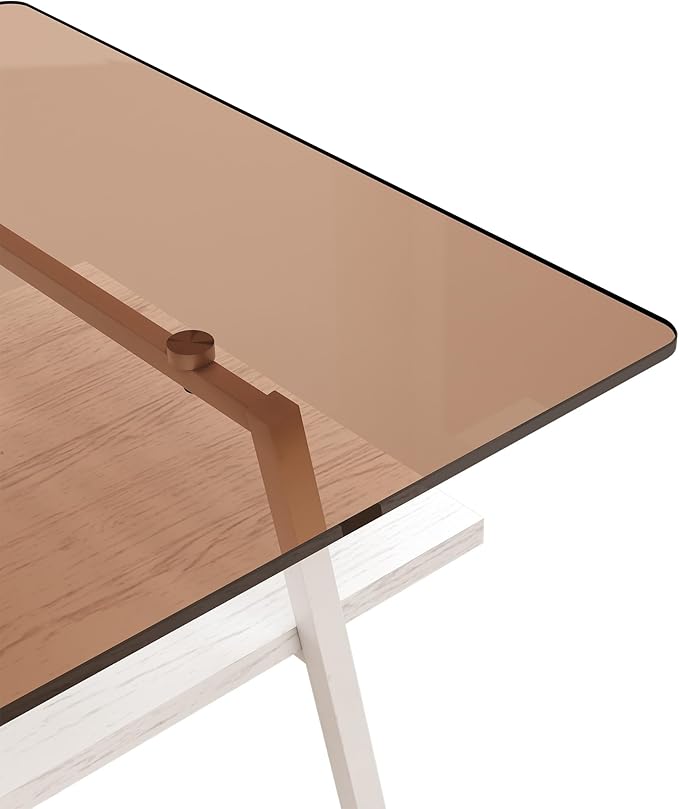 IANIYA Glass Coffee Table for Living Room Small Gold Mid Century Coffee Table for Living Room with Wood Shelves (White Frame, Brown Glass + White Wood)