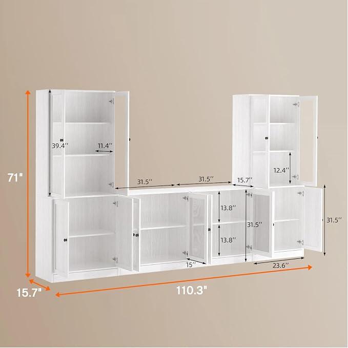 TUSY 71" TV Stand Storage Set - 2 Tall Bookcases & 2 Side Cabinets, Media Console with Glass & Wood Doors, Entertainment Center with Drawers, Tall Media Console for Living Room (White, ADDA) - Image 2