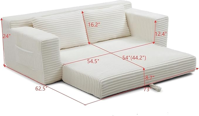 73" Convertible Sofa Bed, 2 in 1 Corduroy Folding Couch with Pillows, No Assembly Boneless Compression Sofa in Box, Loveseat with Side Storage Pocket for Apartment, Living Room, Beige