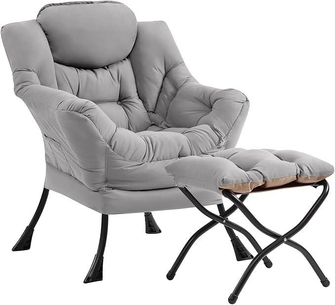Cozy Lazy Chair and Ottoman, Large Light Grey Contemporary Accent Chair Set, Leisure Upholstered Reading Armchair for Office, Bedroom, Living Room, Dorm Rooms, Balcony