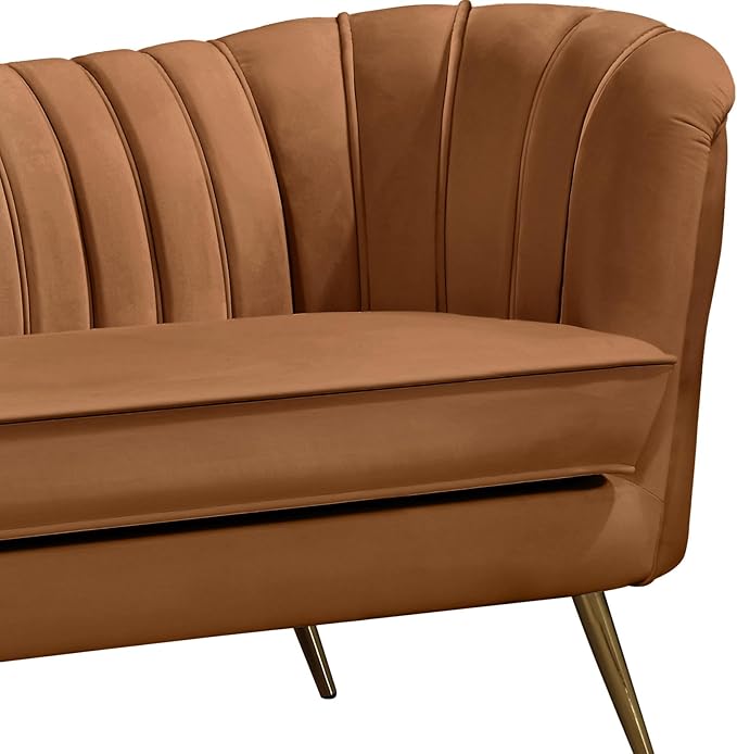 Meridian Furniture 622Saddle-L Margo Collection Modern Contemporary Velvet Upholstered Loveseat with Stainless Steel Base in a Rich Gold Finish, Saddle, 65" W x 30" D x 33" H