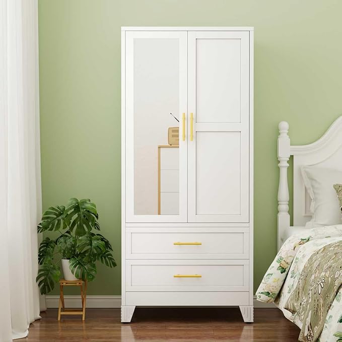 Metal Armoire Wardrobe Closet Storage Cabinet with 2 Doors White, 71'' Wardrobe with Hanging Rod Metal Closet with Adjustable Shelf and 2 Drawers, Freestanding Storage Cabinet for Bedroom