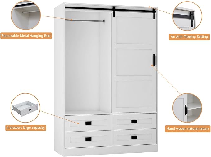 Armoire Wardrobe Closet with Sliding barn Door，Wardrobe Cabinet with 4 Storage Drawers and Hanging Rail,Freestanding Wooden Closet for Bedroom (White)