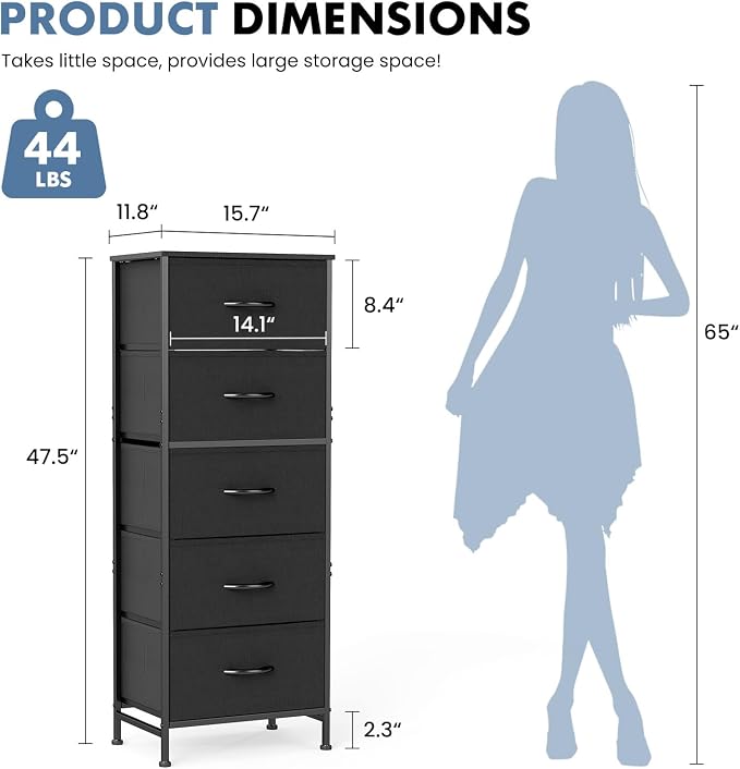 DUMOS Nightstand with 5 Drawers Bedside Table with Removable Fabric Bins Sturdy Steel Frame Wood Top Organizer Furniture for Bedroom Closet Living Room, Black - Image 3