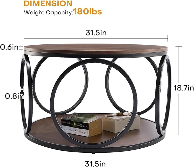 BECHAEO 31.5" Round Coffee Table with Storage - 2 Tier Vintage Coffee Table for Living Room, Industrial Design Wood Top & Metal Legs, Modern Accent Cocktail Tables for Home Office
