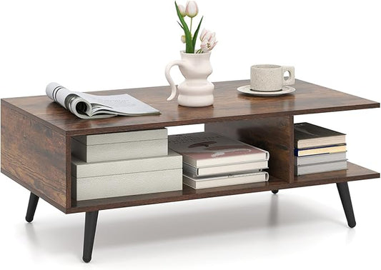 Giantex Coffee Table with Storage, Mid Century Modern Center Table for Living Room, Rectangle Tea Table with Open Storage Shelf & Floor-Anti-Scratching Tapered Metal Legs, Rustic Brown (Rustic Brown)