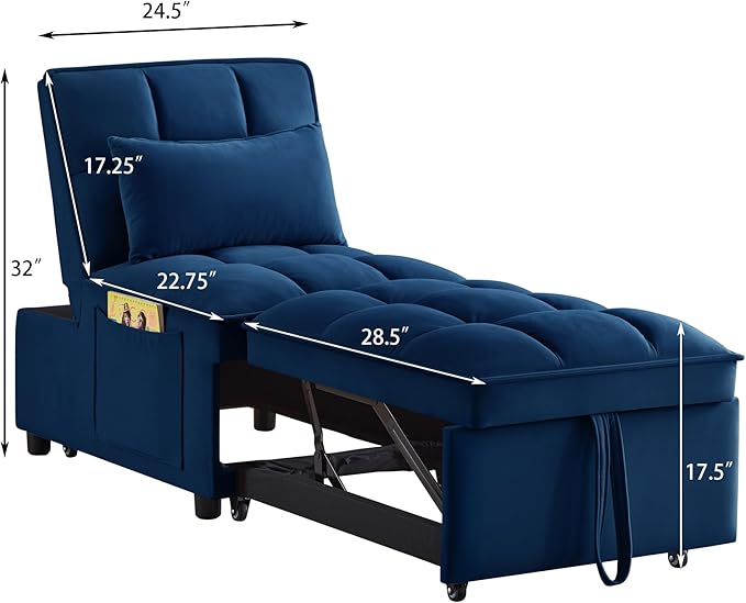 3 in 1 Convertible Sleeper Sofa Chair, Velvet Tufted Single Pull Out Couch Bed with Adjustable Backrest and Pillow, Multi-Function Chaise Lounge with Pockets, for Livingroom, Home Office,Navy
