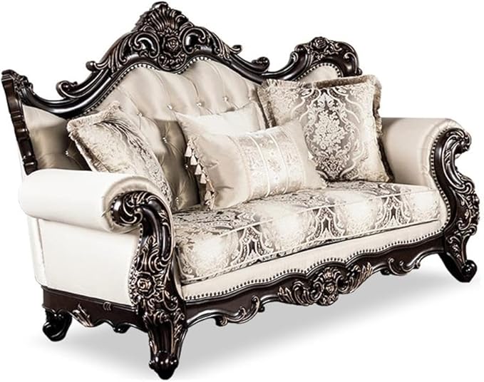 Furniture of America Zephyra Traditional Faux Leather Upholstered Loveseat with Rolled Arm and Accent Pillows, Wooden Comfortable Couch for Living Room, Office, Bedroom, Dark Cherry/Beige