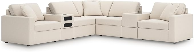Signature Design by Ashley Modern Modmax Stain Resistant L-Shape Symmetrical 7-Piece Balanced Sectional with Audio and Storage Consoles, Beige