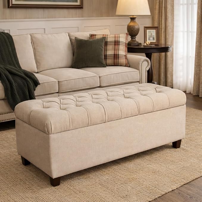 Homepop Home Decor | Tufted Ainsley Button Storage Ottoman Bench with Hinged Lid | Ottoman Bench with Storage for Living Room & Bedroom, Cream 18x40x18 inches - Image 2