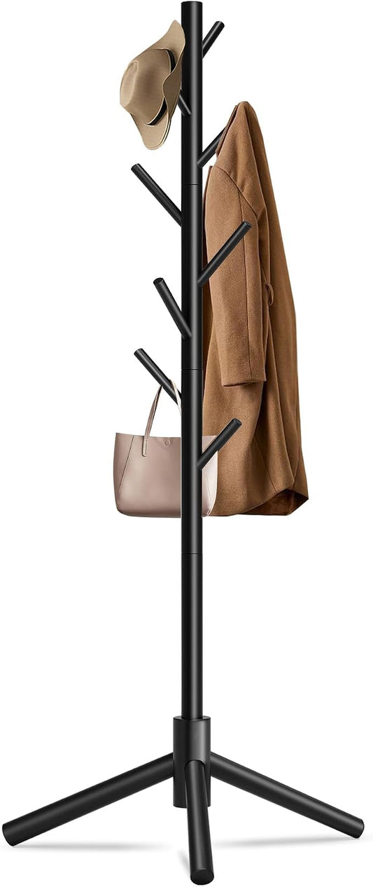 Unisakey Durable Wooden Coat Rack, Freestanding Coat Rack with Stable Triangular Base, 8 Hooks & 3 Adjustable Heights, Simple Assembly for Bedroom, Hallway, Office(New Black) by Unknown