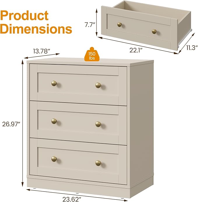 RoyalCraft Small 3 Drawer Dresser Set of 2, Beige Dresser for Bedroom, Wood Nightstand with Drawers, Modern Chest of Drawers for Closet, Living Room, Entryway - Image 2