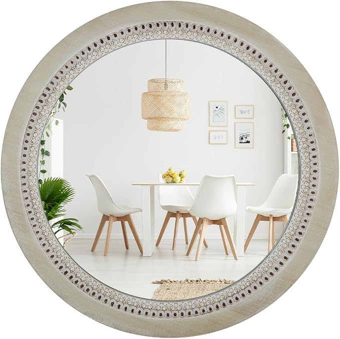 Round Decorative Mirrors for Farmhouse Wall Decor Round Wooden Frame Mirror With Beads, Rustic Large Bathroom Vanity Mirrors for Bathroom, Over Sink, Bedroom, Living Room, Entryway,Foyer (24''Lx24''W) by Unknown