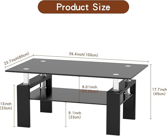 IANIYA Rectangle Tempered Glass Coffee Table, Modern Living Room Table with Storage & Black Metal Legs, Center Table for Bedroom Home Office Small Space Waiting Room