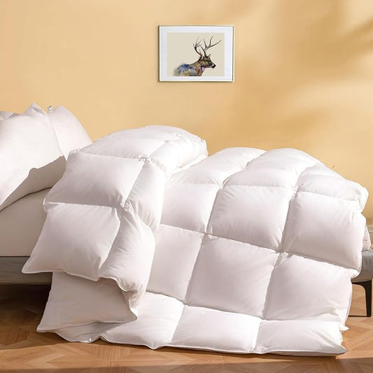 DWR Luxury Feather Down Fiber Comforter California King Size, Ultra-Soft Cotton-Blend Fabric, Heavy Weight for Cold Sleepers/Cold Weather Hotel Style Duvet Insert with Ties (104"x96", White)