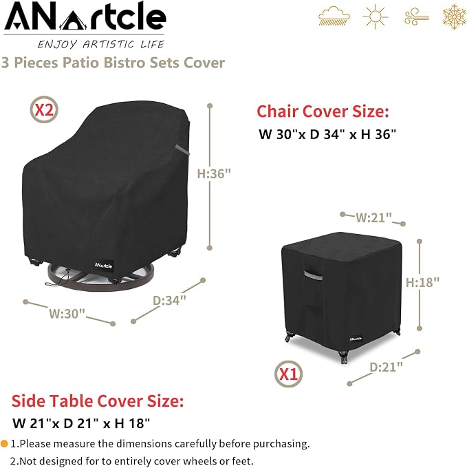 ANartcle 3 Pieces Patio Bistro Sets Cover,600D Waterproof Heavy Duty Patio Furniture Covers,Includes 2 Outdoor Swivel Chair Covers and 1 Patio Wicker Side Table Cover(Black) - Image 3