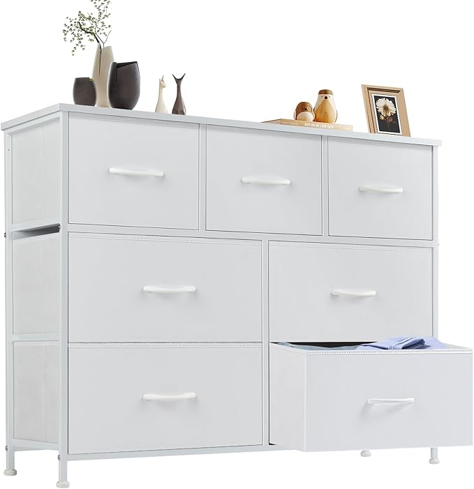 Sweetcrispy 7 Drawer Dresser Storage Organizer with Fabric Bins, Sturdy Steel Frame and Wood Top, Easy Pull Handles, for Bedroom Closet Hallway Entryway,White by Sweetcrispy