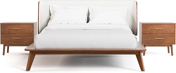 Furniture of America Wyatt Modern Solid Wood Bedroom Collection with Queen Bed Frame and Nightstands Set of 2, No Box Spring Needed, Walnut, Boucle Wingback Low Profile, 3-Piece Set