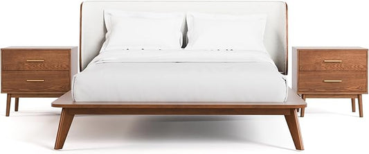 Furniture of America Wyatt Modern Solid Wood Bedroom Collection with Queen Bed Frame and Nightstands Set of 2, No Box Spring Needed, Walnut, Boucle Wingback Low Profile, 3-Piece Set