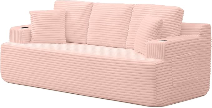 Eafurn Floor Loveseat Boneless Sofa Couch in a Box with Cup Holder and Side Pockets, 3 Seater Comfy Corduroy Upholstered Foam Couch with Deep Seating for Living Room,No Assembly | Breathable material, Cupholders