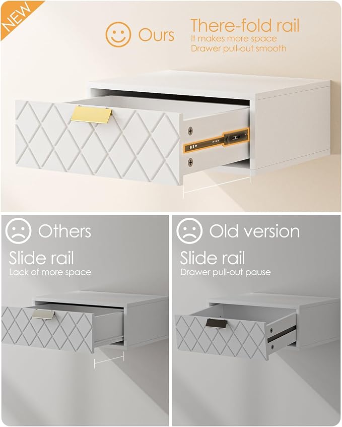 Aienvey Floating Nightstand, Floating Shelf with Drawer, Wall Mounted Nightstand, Floating Bedside Table (White Diamond) - Image 5
