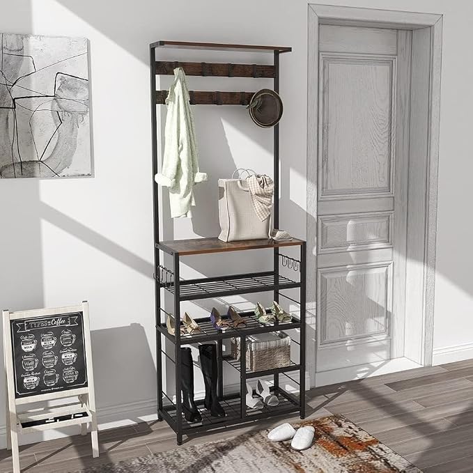 GiftGo Vintage Large 5-Tier Hall Tree with Console Table Entryway Coat Rack Floor Standing Shoes Rack Storage Shelf Organizer for Home Office Bedroom (Rustic Brown) - Image 4