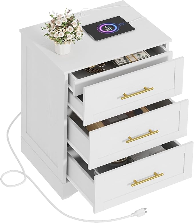 Modern Luxury Nightstand with Charging Station and Hidden Drawer, Bedside Table with 4 Drawers, 26" H Night Stand for Bedroom, Home Office, White by Draelibor
