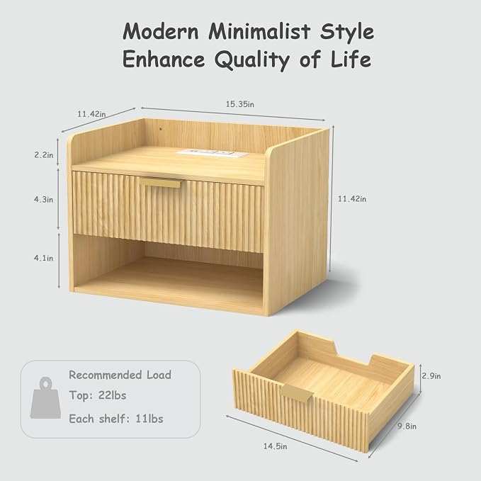 Arbuxzuy Floating Nightstand Set of 2 with Charging Station, Modern Wall Mounted Bedside Table with Drawer & Open Shelf, Made of Minimalist Wood for Bedroom (Light Brown) - Image 2